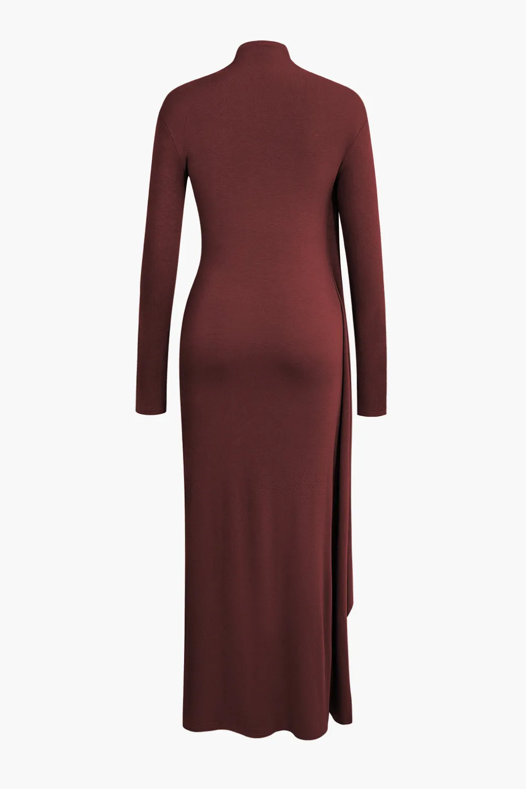 Mock Neck Wrap Ruched Long Sleeve Slit Maxi Dress