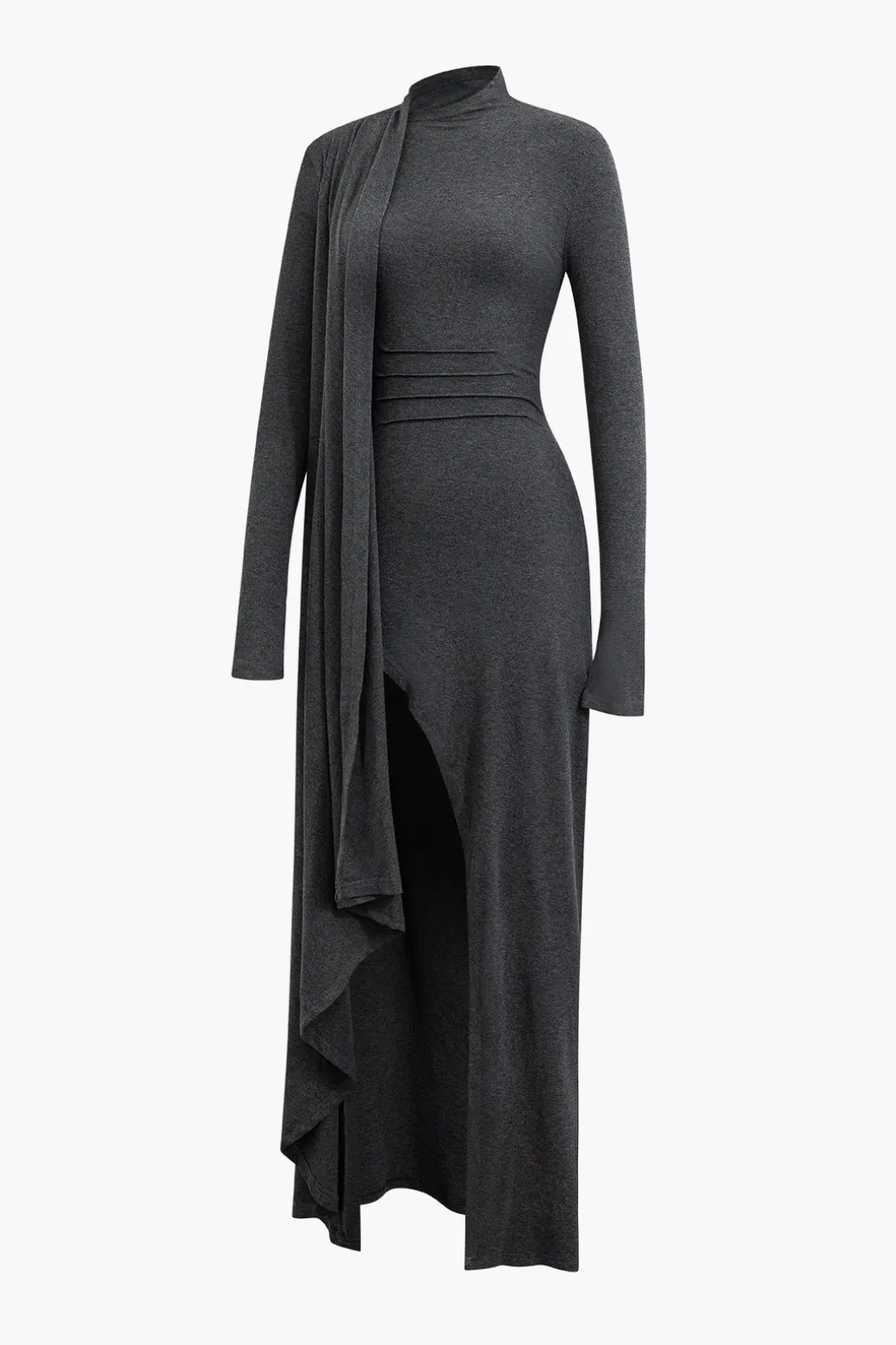 Mock Neck Wrap Ruched Long Sleeve Slit Maxi Dress