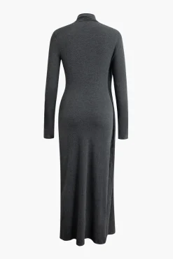 Mock Neck Wrap Ruched Long Sleeve Slit Maxi Dress