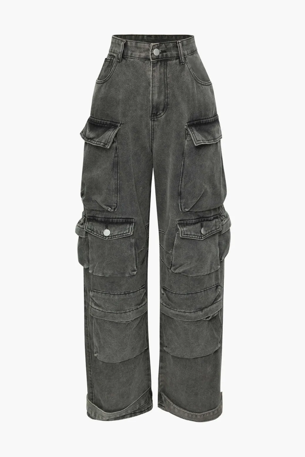 Multi Pocket Rolled Hem Wide Leg Cargo Jeans