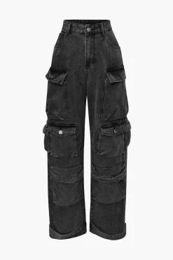 Multi Pocket Rolled Hem Wide Leg Cargo Jeans