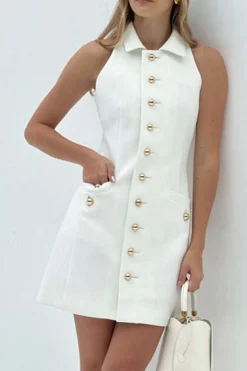 Multi-Button Collared Pocket Mini Dress