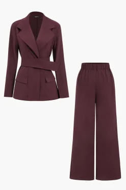 Notched Lapel Belted Blazer And Trousers Set
