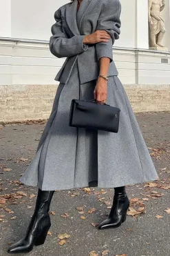 Notched Lapel Blazer And Midi Skirt Set