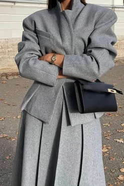Notched Lapel Blazer And Midi Skirt Set