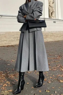 Notched Lapel Blazer And Midi Skirt Set