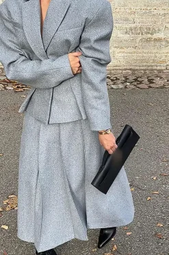 Notched Lapel Blazer And Midi Skirt Set