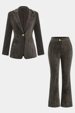 Notched Lapel Fake Button Pocket Blazer And Flared Leg Trousers Set
