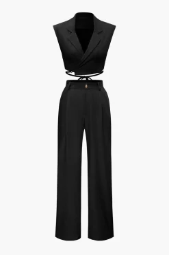 Notched Lapel Tie Back Vest And Straight Leg Suit Pants Set