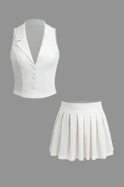 Notched Lapel Vest And Pleated Mini Skirt Set