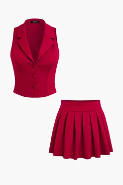 Notched Lapel Vest And Pleated Mini Skirt Set