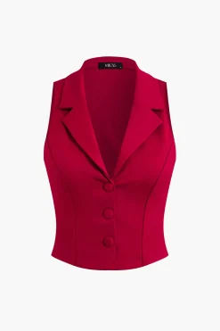 Notched Lapel Vest And Pleated Mini Skirt Set