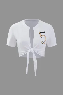 Number 5 Embroidered Knot Hem T-shirt