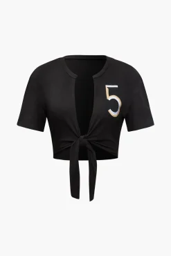 Number 5 Embroidered Knot Hem T-shirt