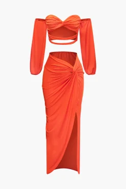 Off Shoulder Cut Out Long Sleeve Top And Twist Slit Maxi Skirt Set