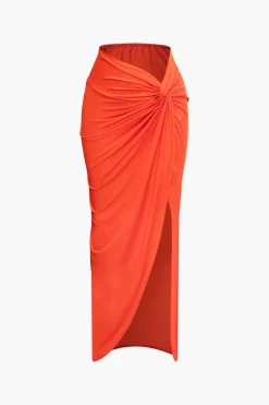 Off Shoulder Cut Out Long Sleeve Top And Twist Slit Maxi Skirt Set
