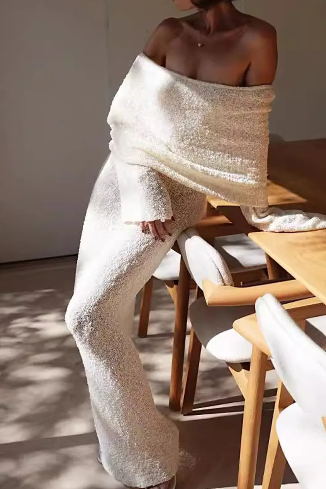 Off Shoulder Open Knit Maxi Dress