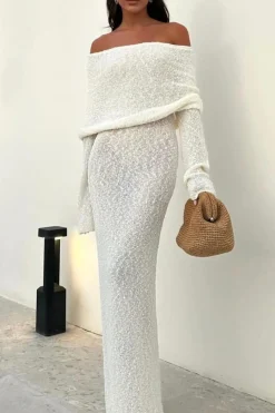 Off Shoulder Open Knit Maxi Dress