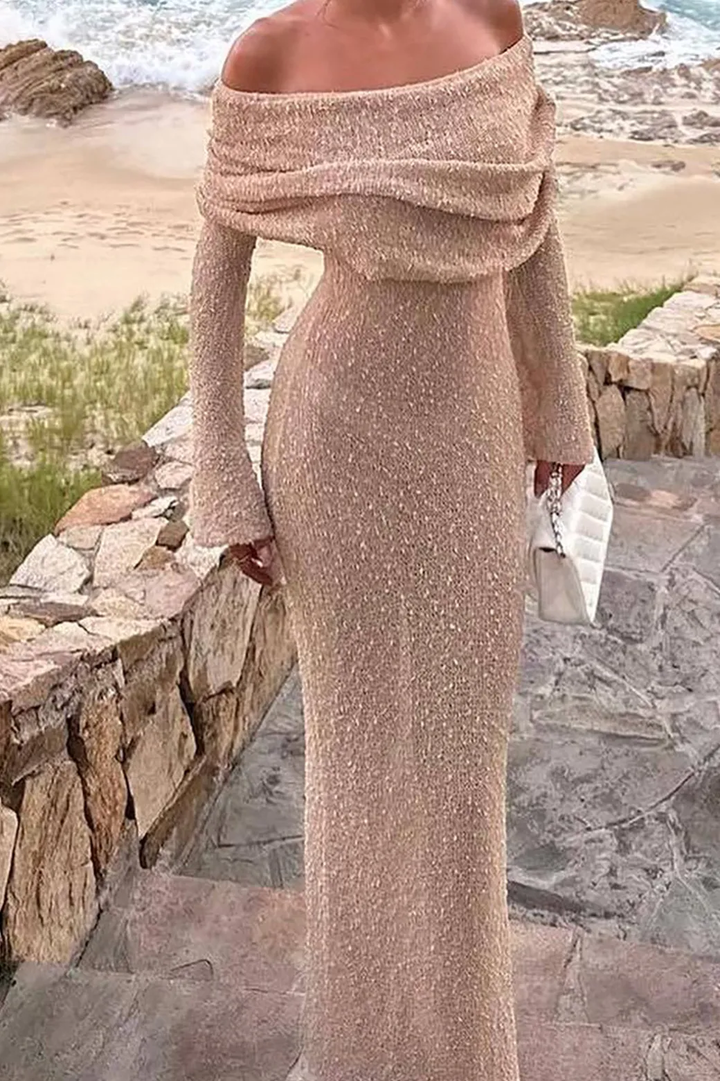 Off Shoulder Open Knit Maxi Dress