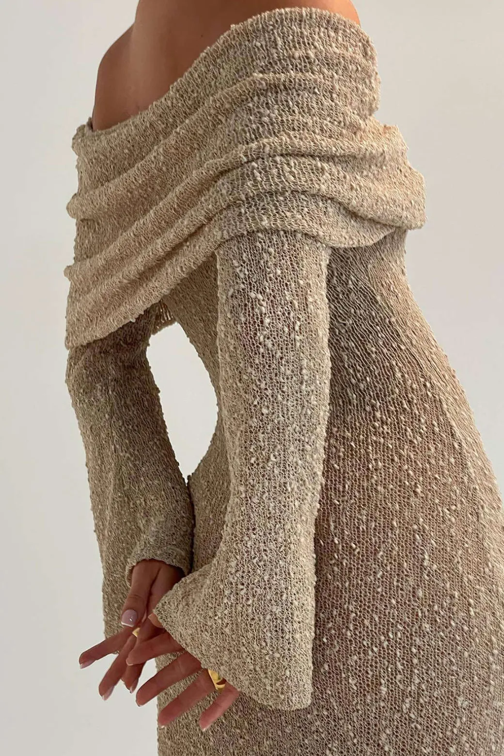 Off Shoulder Open Knit Maxi Dress