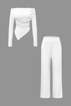Off Shoulder Ruched Asymmetric Top And Straight Leg Pants Set