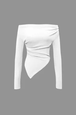 Off Shoulder Ruched Asymmetric Top And Straight Leg Pants Set