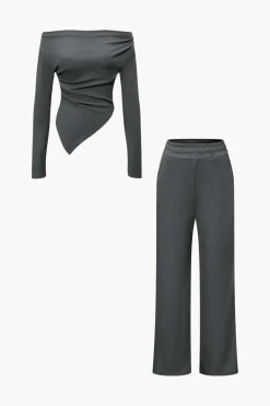 Off Shoulder Ruched Asymmetric Top And Straight Leg Pants Set