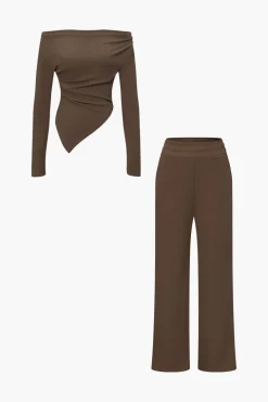 Off Shoulder Ruched Asymmetric Top And Straight Leg Pants Set