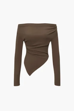 Off Shoulder Ruched Asymmetric Top And Straight Leg Pants Set