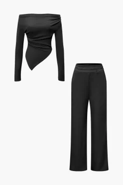 Off Shoulder Ruched Asymmetric Top And Straight Leg Pants Set