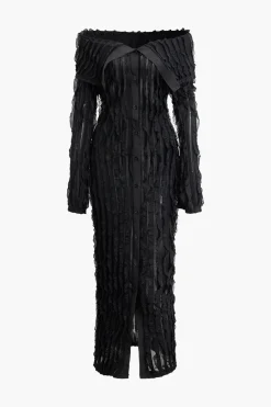 Off Shoulder Textured Button Up Slit Long Sleeve Maxi Dress