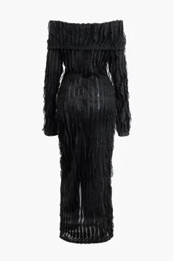 Off Shoulder Textured Button Up Slit Long Sleeve Maxi Dress