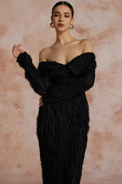 Off Shoulder Textured Button Up Slit Long Sleeve Maxi Dress