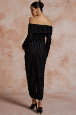 Off Shoulder Textured Button Up Slit Long Sleeve Maxi Dress