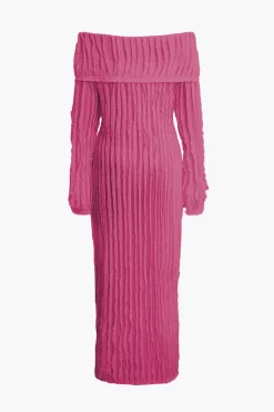 Off Shoulder Textured Button Up Slit Long Sleeve Maxi Dress