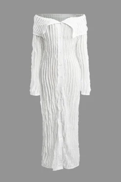Off Shoulder Textured Button Up Slit Long Sleeve Maxi Dress