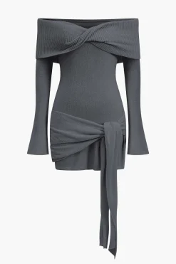 Off Shoulder Twist Front Knit Mini Dress