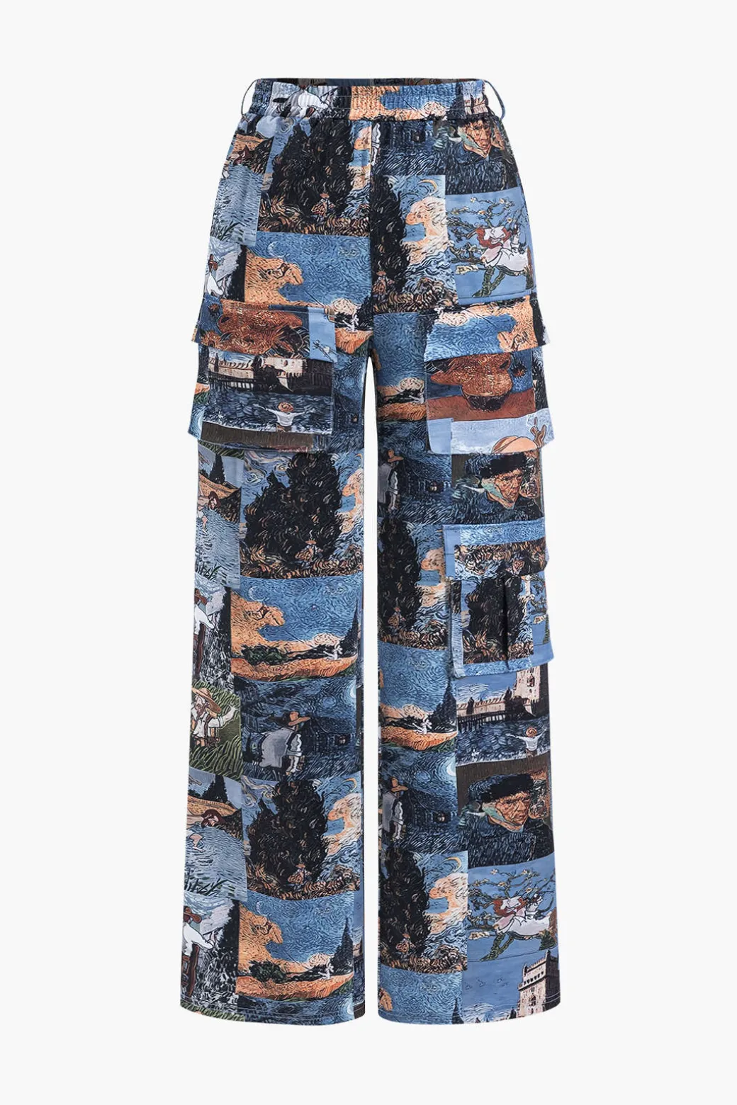 Oil Painting Pattern Drawstring Strappy Top And Pocket Trousers Set