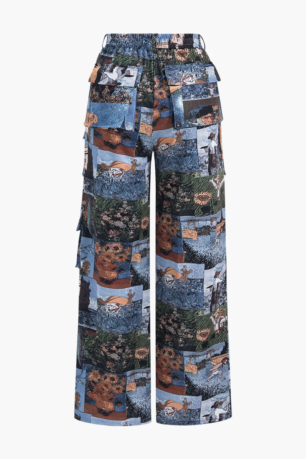 Oil Painting Pattern Drawstring Strappy Top And Pocket Trousers Set