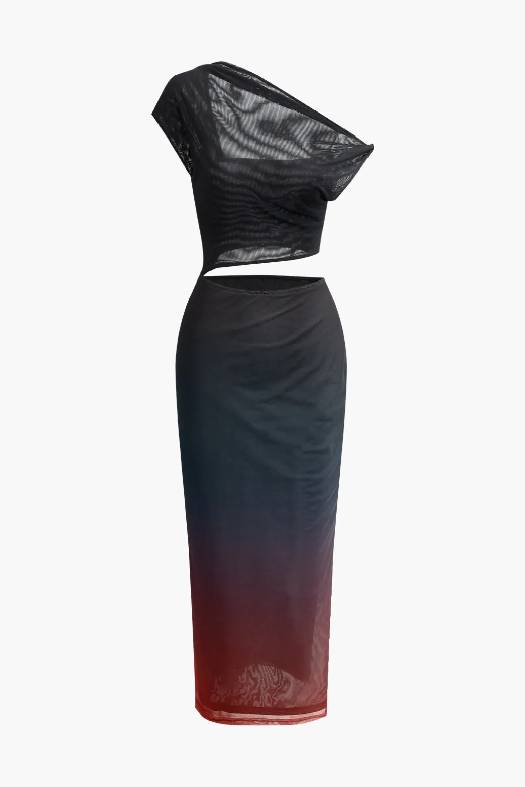 Ombre Cut Out Asymmetrical Mesh Slit Midi Dress