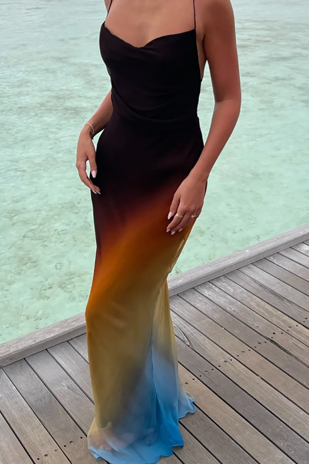 Ombre Mesh Cowl Neck Cross Strap Maxi Dress