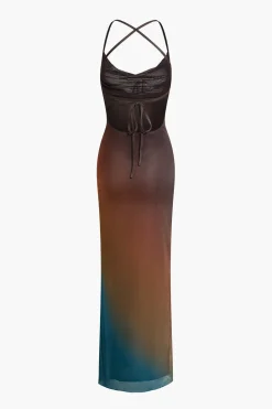 Ombre Mesh Cowl Neck Cross Strap Maxi Dress
