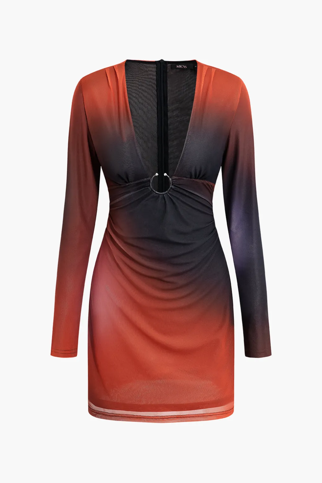 Ombre Mesh Deep V-neck Long Sleeve Mini Dress