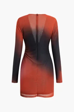 Ombre Mesh Deep V-neck Long Sleeve Mini Dress