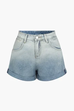 Ombre Print Button Zipper Denim Shorts