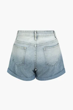 Ombre Print Button Zipper Denim Shorts