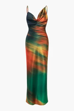 Ombre Print Cowl Neck Asymmetrical Slip Maxi Dress