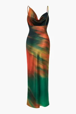 Ombre Print Cowl Neck Asymmetrical Slip Maxi Dress