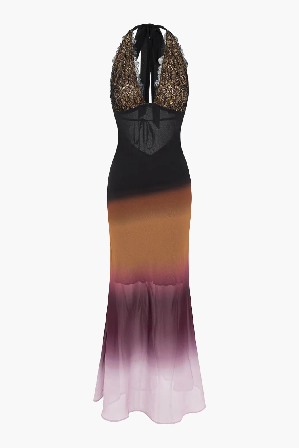 Ombre Print Mesh Backless Lace Sleeveless Maxi Dress