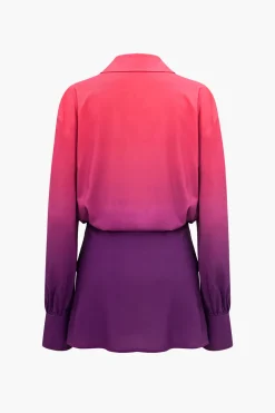 Ombre Print Ruched Button Up Mini Dress